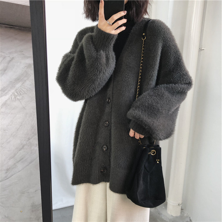 

2019 V Neck Temperament Imitate Mink Cashmere Cardigan Loose Coat Woman, Dark grey