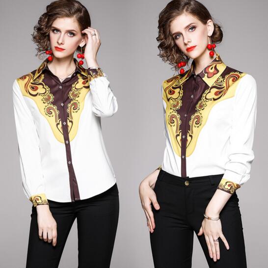 

New Lapel Fashion Retro Print Long Sleeve Shirt, Ginger