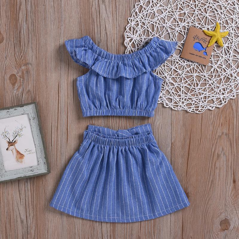 

2020 Toddler Kids Summer Beach Suits Baby Girl Off Shoulder Tops + Skirts Outfit Children Sunsuit 2pcs Casual Clothes Summer Set, Bu