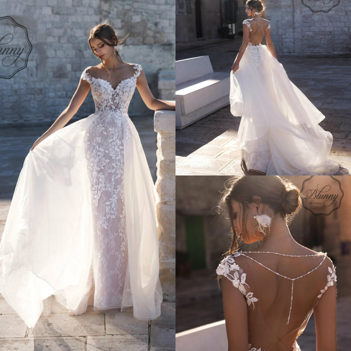 

Overskirts Mermaid Wedding Dresses 2019 Lace Appliqued Beading Backless Boho Wedding Gowns Sweep Train Country Bridal Dress Detachable Train, Lavender