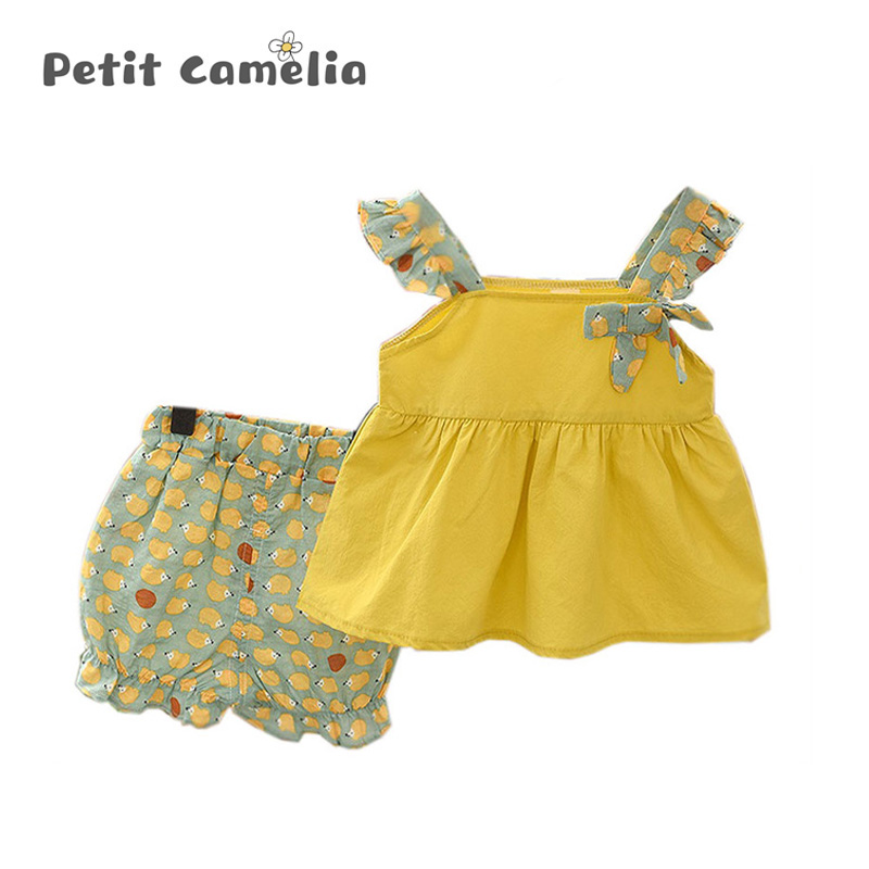

Baby Girl Clothes Princess Children Suspenders Clothes Shorts Two-Piece Suit Solid Color 2020 Summer 0 1 2 3 Years Old, Yellow