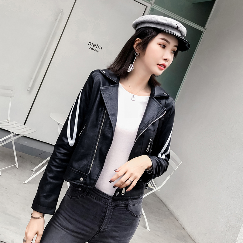 

Fashion Women' Leather Sequins Jackets Autumn Black & Red Simple PU Faux Leather Motorcycle Jacket Streetwear Hip Hop Outwear