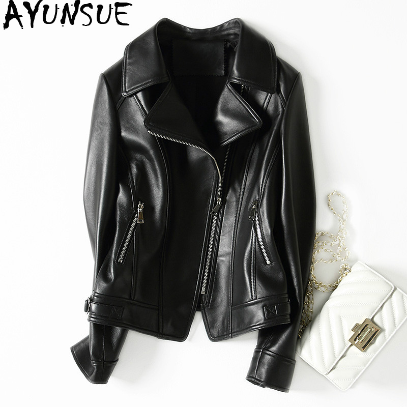 

AYUNSUE 2020 Genuine Leather Jacket Women 100% Real Sheepskin Coat Female Short Spring Autumn Luxury Leather Jackets KQN69050-2, Black