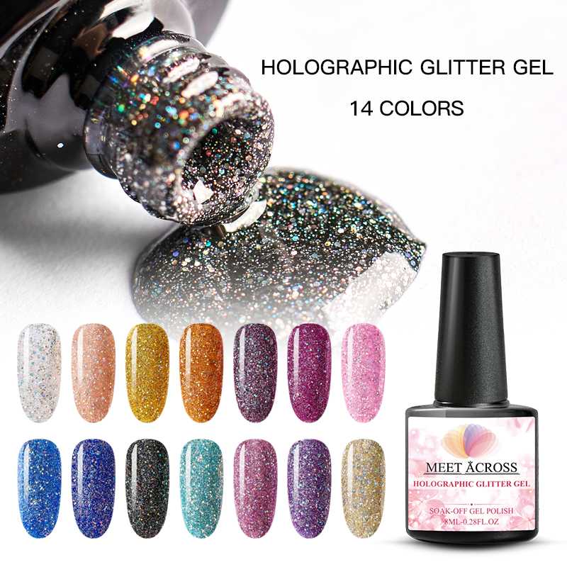 

MEET ACROSS 8ML Glitter Nail Gel Polish Hybrid UV Gel Vernish For Manicure Semi-permanend Nail Art, Tgw2976