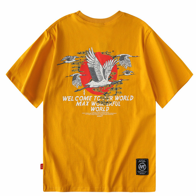 

Januarysnow Men T Shirt Hip Hop Streetwear Sun Crane Tshirt Harajuku Japanese Style Summer Short Sleeve T-Shirt Cotton Tops Tees Yellow
