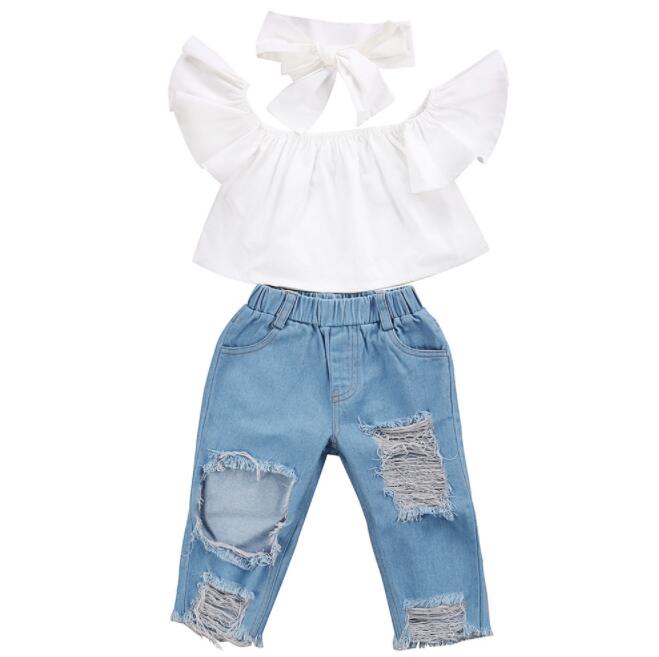 

Wholesale kid designer clothes girls Fashion Off shoulder Crop Tops White+Hole Denim Pant Jean+Headband Toddler baby girl designer clothes, 1lot=1set=3pcs