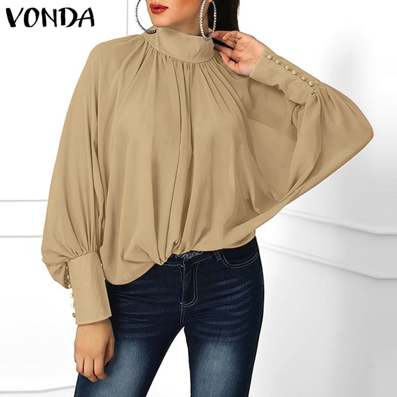 

VONDA 2020 Sexy Women Blouse Long Lantern Sleeve V Neck Shirt Spring Casual Loose Polyester Blouse Plus Size Office Ladies Top, Black