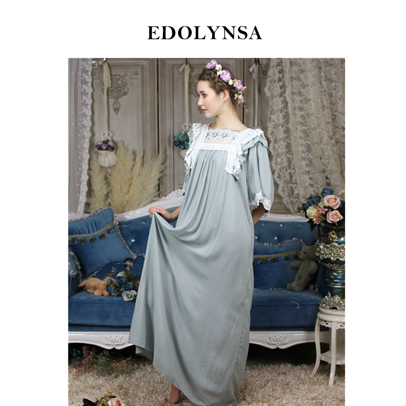 

Vintage Nightgown Sleepshirts Victorian Butterfly Sleeve Autumn Home Wear Night Dress Long Robe Romantic Lace Sleeping Gown H688, Green