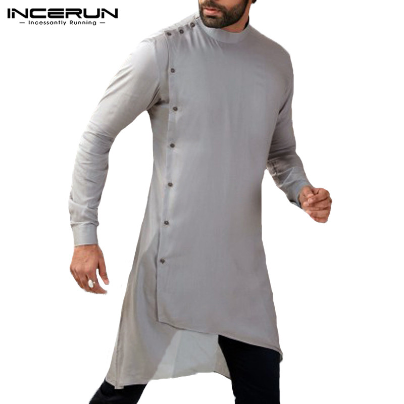 

Men Shirt Suit Long Sleeve Solid Button Irregular Hem Men Casual Shirts Muslim Islamic Shirt Clothes Plus Size INCERUN, Wine red