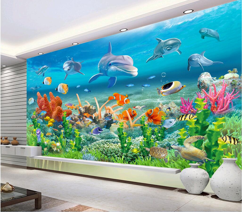 

WDBH custom photo 3d wallpaper Underwater World Dolphin Reef Aquarium background home decor 3d wall murals wallpaper for walls 3 d living ro, Non-woven