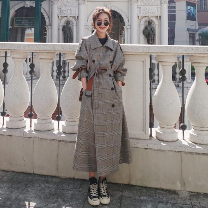 

Chic Plaid Trench Coats Women Clothes Spring 2020 England Wind Coat Lapel Sashes Long Windbreaker Ladies Loose King-size Coats, Khaki checkered