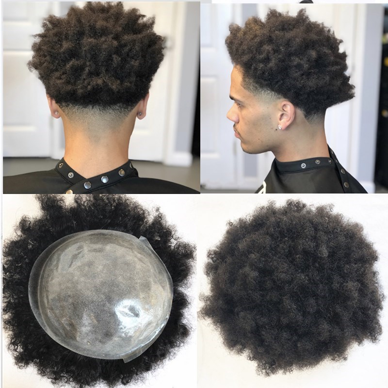 

Afro Curly Toupee Full Pu Curly Toupee For Men 8x10 inch Black All Skin Hairpieces Replacement Systems 100% Human Hair Indian Remy Hair, As pic