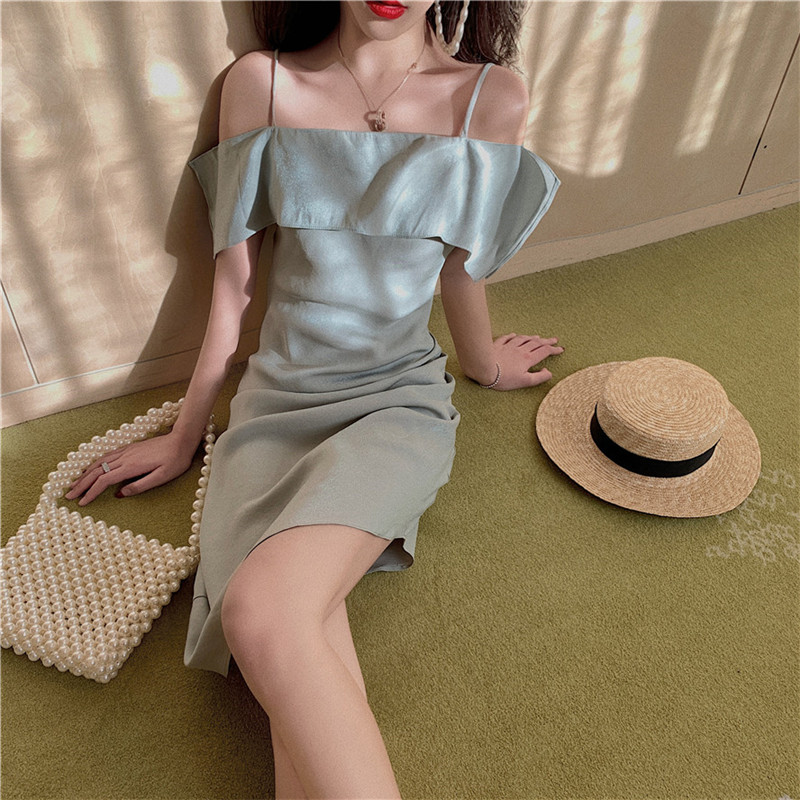 

Summer Dress Women Knee-Length High Waist Ruffles Sleeve Knitted Slim Elegant Office Lady Sundress Fashion 2020 Holiday Dresses, Grey green