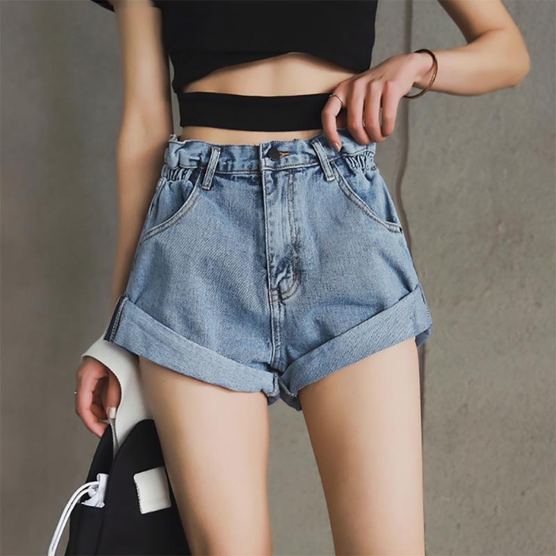 

Vintage Women's Denim Shorts Classic High Waist Blue White Black Wide Leg Short Casual Summer Ladies Shorts Mujer, Light blue 2