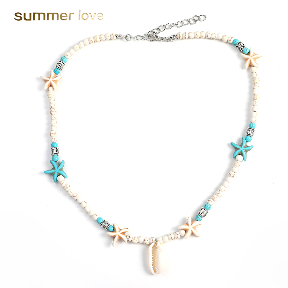 

Trendy Bohemia Nature Stone Shell Starfish Pendant Necklace Jewelry Beaded Chain Conch Choker Sexy Simple Necklace for Women