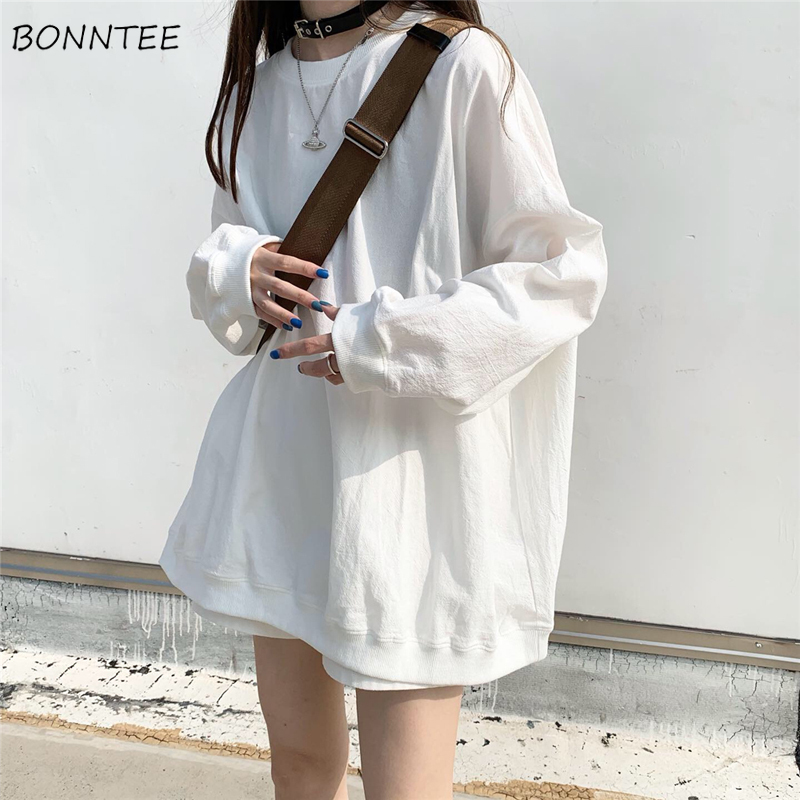 

Hoodies Women Solid Black Spring Ulzzang Student Girls Pullovers Loose Simple Basic Leisure Street All-match Womens Sweatshirt