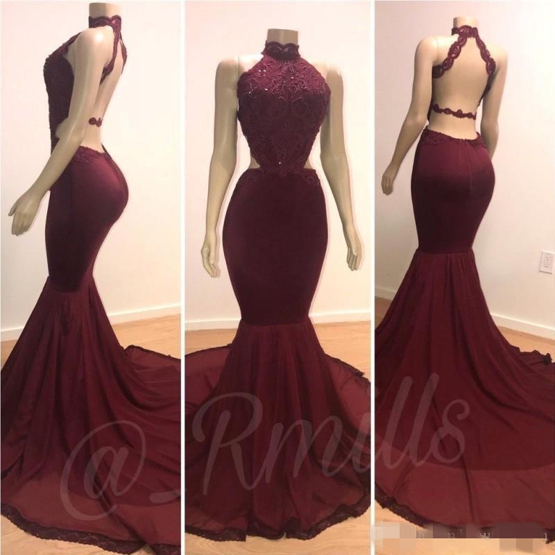 Halter Mermaid Sexy Bury Prom Dresses Backless Sweep Train Party Gowns Applique Sequins Plus Size Formal Ocn Wear