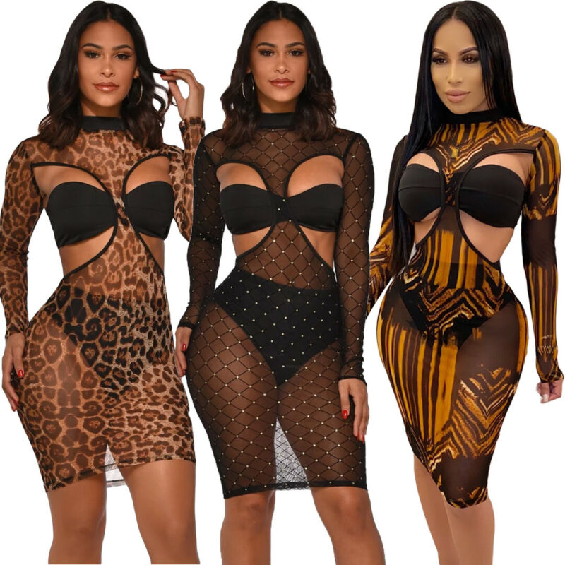 

New Style Women Set 3 Pieces Sexy Backless Print Long Sleeve See Through Autumn Stand Neck Skinny Knee Length Long Hot 2020, Multi