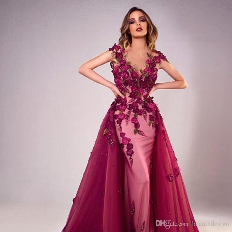 

Evening Dresses With Detachable Train Luxury 3-D Floral Appliqued Pearl Beaded Sheer V Neck Mermaid Custom Made Prom Dresses, Royal blue