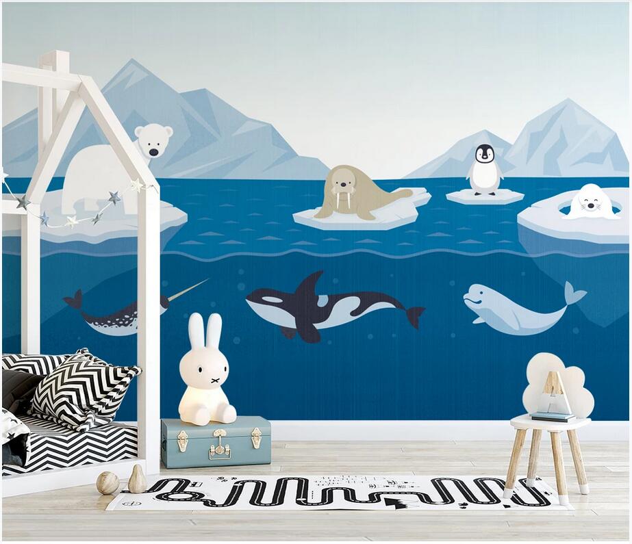 

3d wallpaper wall decor custom photo Nordic style sea arctic iceberg cartoon animal background wall paper household wall art canvas pictures, Non-woven wallpaper