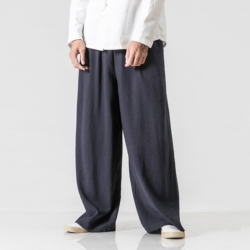 

Male Wide Leg Pant Men Elastic Waist Straight Causal Pants Solid Cotton Linen Loose Dancing Trousers, Beige