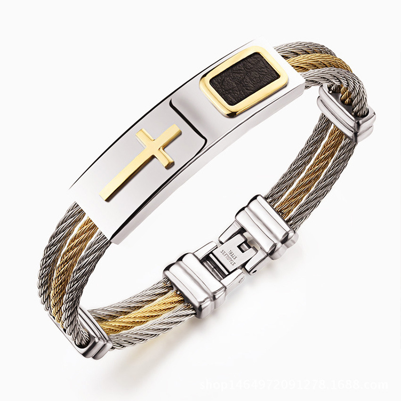 Bracelet de croix en or pour hommes 316L Titane Acier Bracelet Style Punk Cool Trois bracelets de fils d'acier tressés Bracelets pour Street Boy