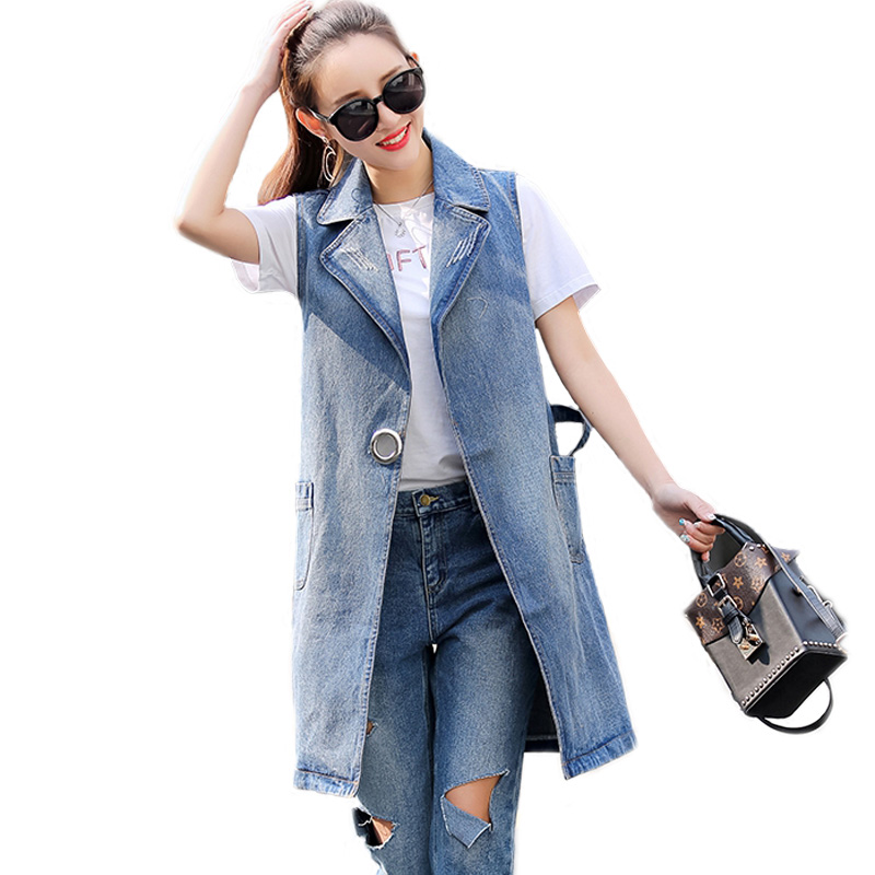 Clobee Bust (100-130cm) S-3XL 2018 Plus Size Summer Jacket Sleeveless Cardigan Ladies Jeans Waistcoats Long Denim Vest Women