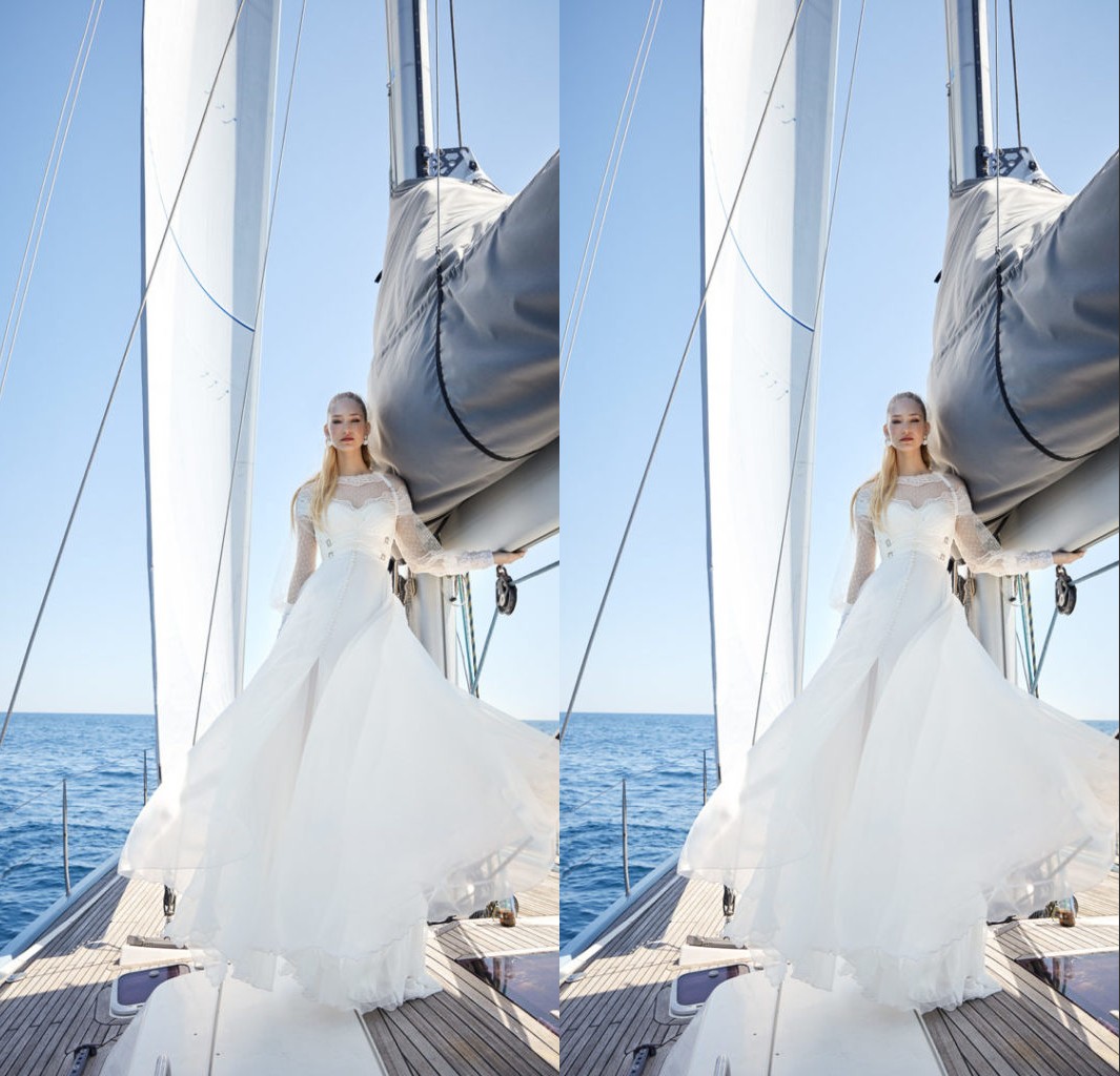 

Simple Yolancris A Line Wedding Dresses Jewel Long Sleeve Lace Applique Wedding Gowns Sweep Train robe de mariée, Hunter