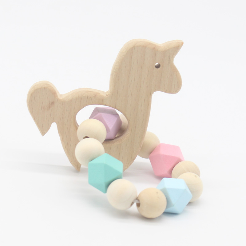 Natural Wooden Teethers Ring for Baby Health Care Article Infant Hand Grab Exercise Toys Colorful Wood Bead Soother-image-437593991