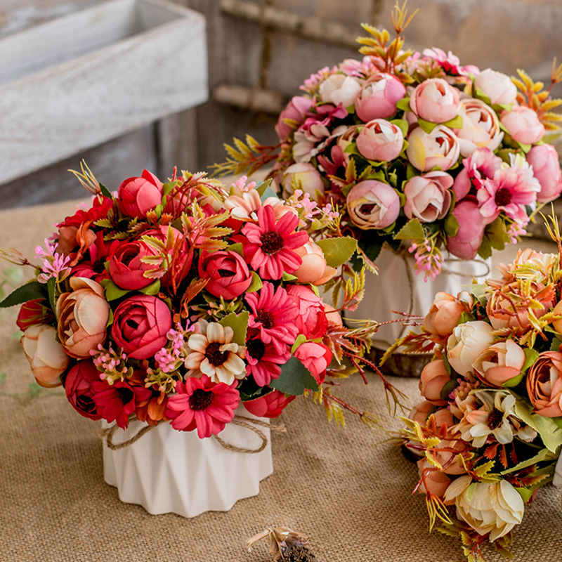 

Artificial Flower With Vase Ceramic Rope Vase Rose Artificial Plants Potted Wedding Decoration Fake Flower Bonsai, 17
