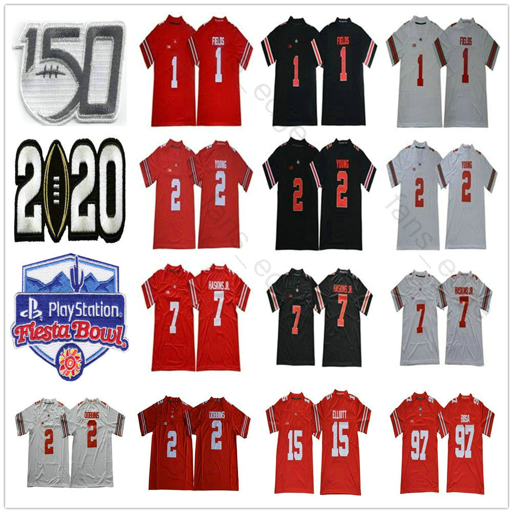 

2021 NCAA Ohio State Buckeyes Justin Fields Jersey #1 OSU 2 Chase Young JK Dobbins Elliott Bosa Teague 150TH Fiesta Bowl Football Jerseys, As picture