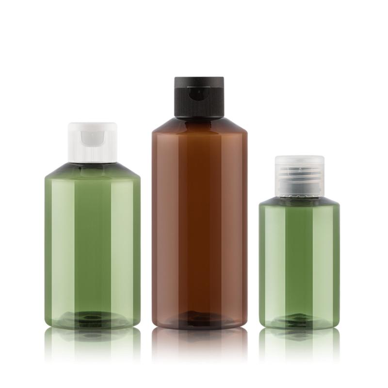 

50pcs 50ml 100ml empty brown green refillable plastic cosmetic bottle with white transparent black flip top cap