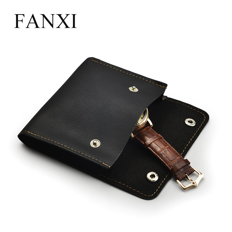 

FANXI New Black Leather Jewelry Pouch Watch Bracelet Storage Bag Necklace Pouch for Travel Jewelry Gift Packaging Bag
