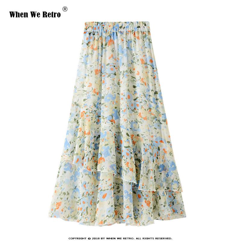 

Chiffon Floral Skirt WF0124 Female Summer Long Skirt for Women Plus Size Ladies Beach Holiday Boho