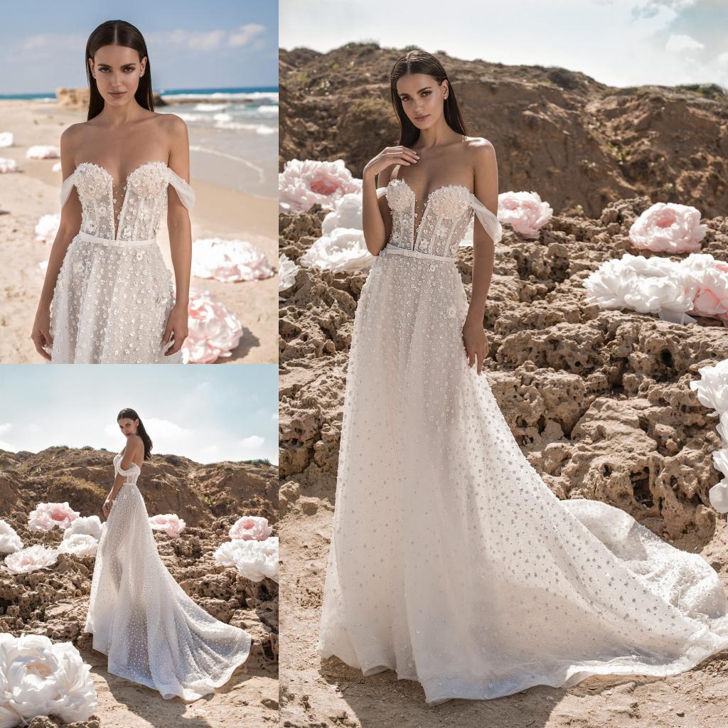 

2019 Berta A Line Boho Wedding Dresses Lace Beaded 3D Floral Appliqued Sweep Train Beach Wedding Dress Plus Size Bohemian Bridal Gowns, Blue