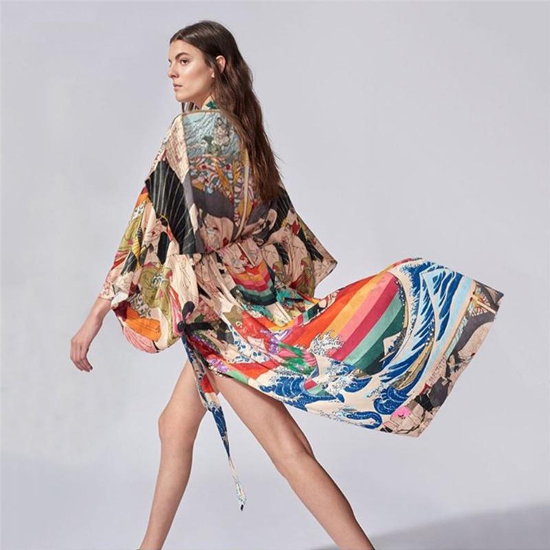 

Bohemian Cover-Ups Kimono Sashes Self Belted Cardigan Beach Dress Plus Size Chiffon Tunic Women Front Open Beachwear