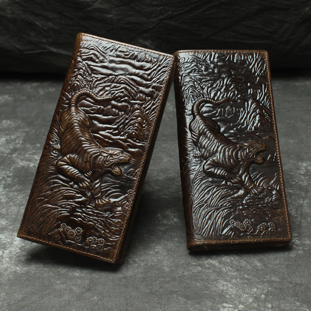 

Genuine Leather Long Fold Over Wallet Men Vintage Tiger Pattern Card Holder Interior Zipper Pocket Banknote Pouches Cowhide Purses Gift, 2 colors for choice