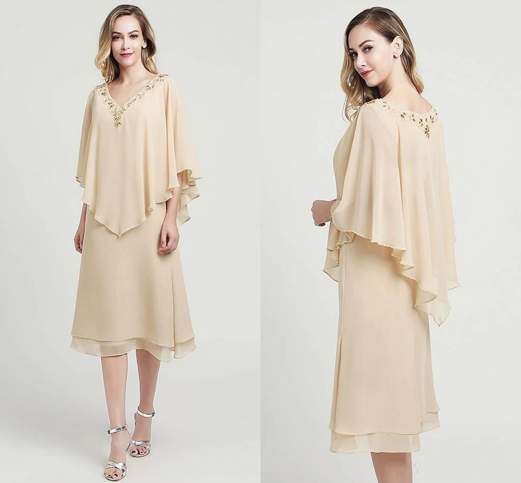 2020 Champagne mousseline Mère de robes de mariée A-ligne cristal perlé V moitié du cou manches thé longueur robe de soirée Taille Plus