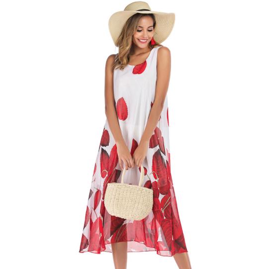 

Womens Summer Designer Flora Printed Dresses Sleeveless Chiffon Crew Neck Fashion Female Beach Style Casual Apparel, Black;gray