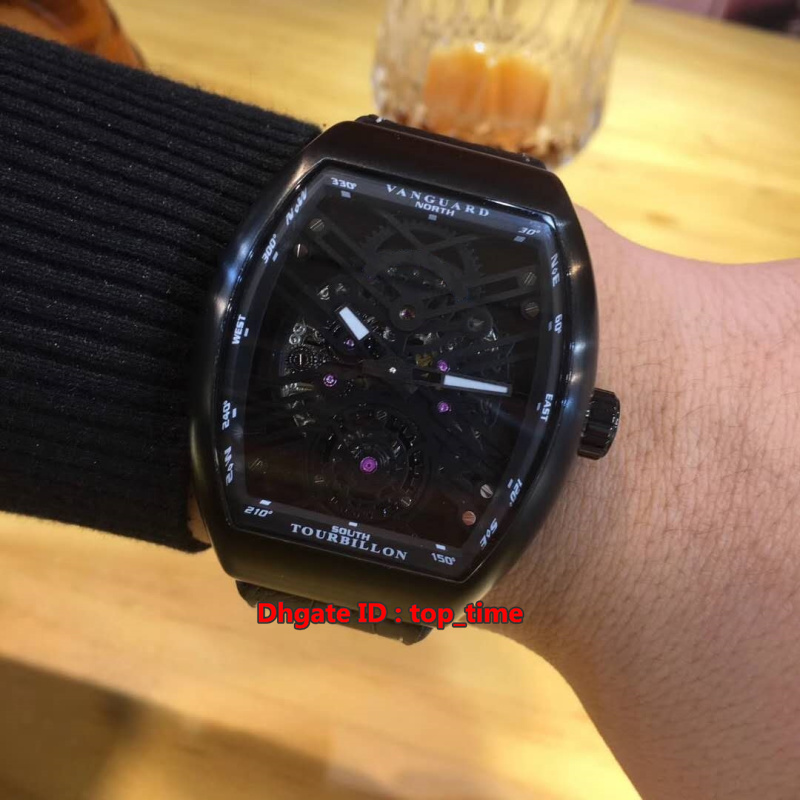 

6 style Vanguard Automatic Mechanical Mens Watch V 45 S6 SQT NR Black PVD Full Black Skeleton Dial Leather&Rubber Strap Gents Sport Watches