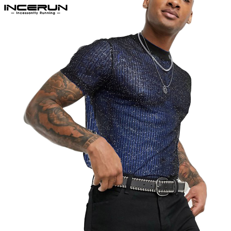 INCERUN Fashion Men Mesh T Shirt Transparent Short Sleeve Slim Shiny Party Nightclub Sexy Thin T-shirts 2020 Breathable Camiseta