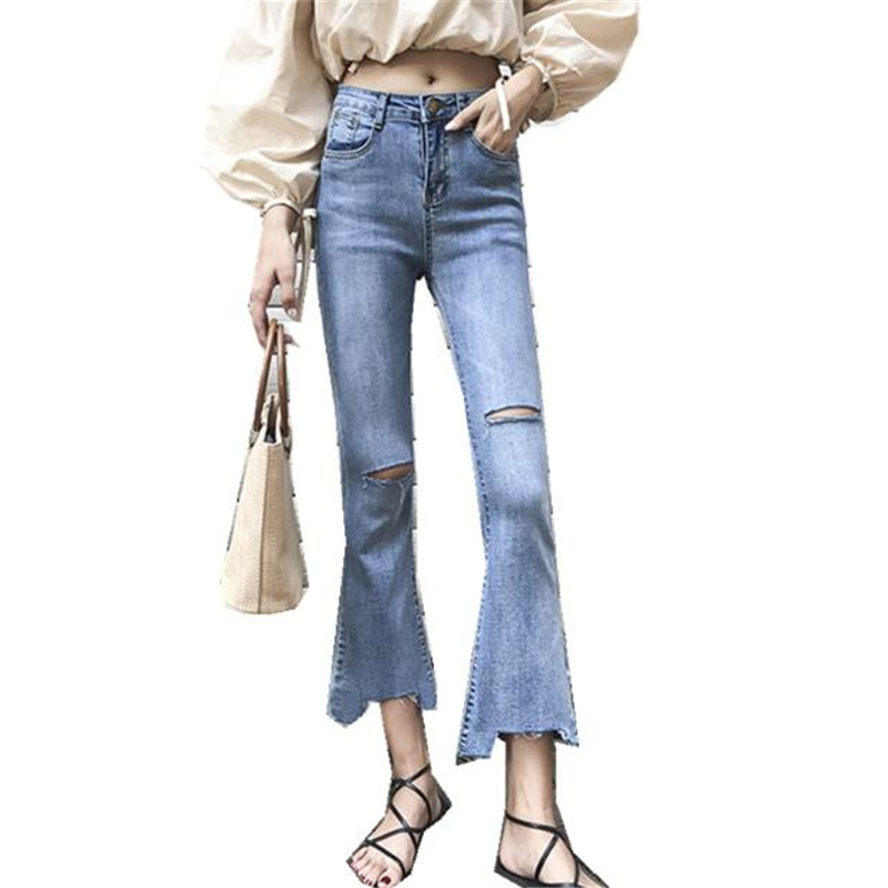 

Woman Spring Plus Size Mid Full Length Flare Jeans Female Autumn Oversized Hole Flash Slim Jeans Lady Cotton