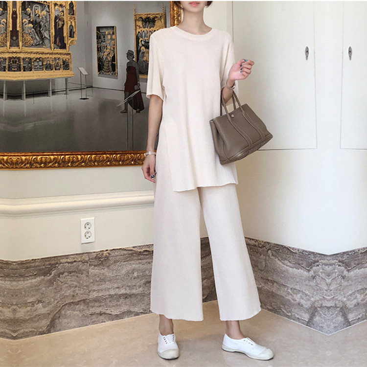 

Summer Knitting Sweater Pantsuit Two Piece Set For Women Summer casual Pullover Knitted V-neck Top Wide Leg Pants Suit ka839, Khaki
