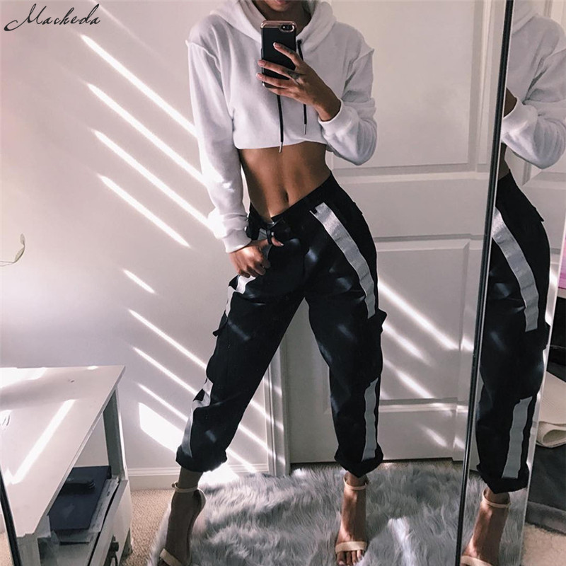 

Fashion Reflective Striped Sweatpants Women Black High Waist Patchwork Exercise Long Pants Women Casual Streetwear Pants