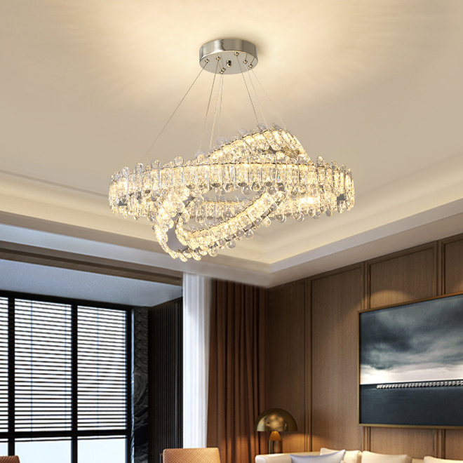 

New design contemporary creative luxury 2-ring crystal round chrome chandelier led pendant lamps for villa living room bedroom dining room