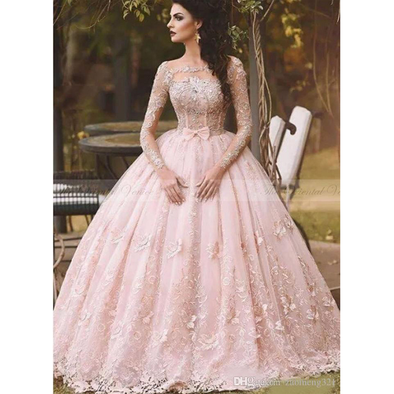 

Vestidos 2020 Blush Pink Lace Ball Gown Quinceanera Dress Long Sleeves Boat Neck 3D Flora Princess Bridal Gowns Arabic Dubai, Silver