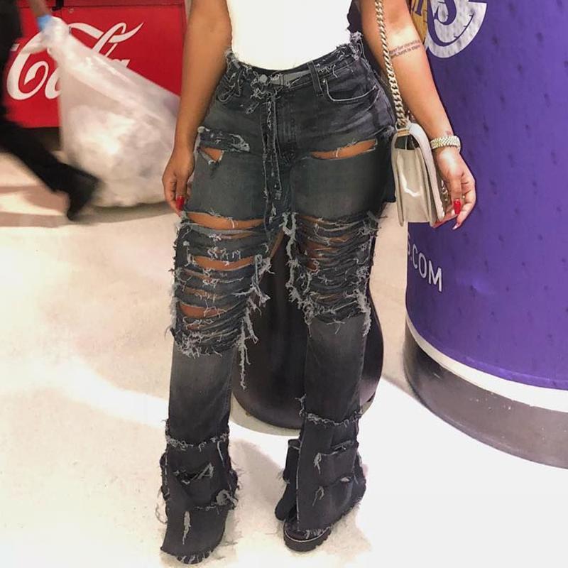 

2019 Winter High Waist Black Female Flare Ripped Jeans For Women Mom Jeans Black Plus Size Flared Denim Skinny Trousers