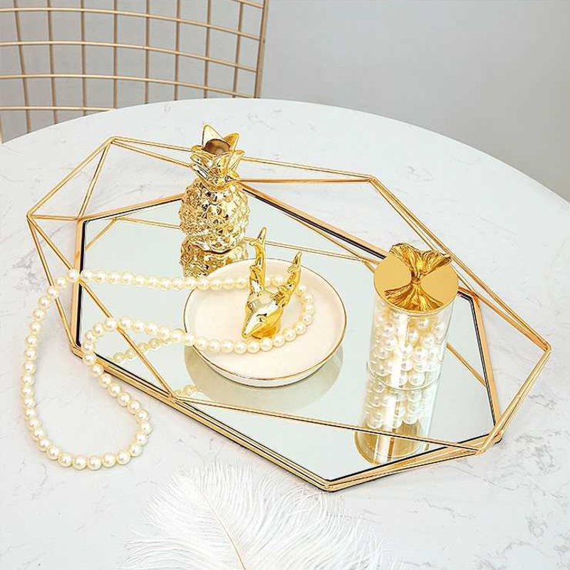 

Vintage Colorful Glass Metal Storage Tray Gold Oval Dotted Fruit Plate Desktop Small Items Jewelry Display Tray Mirror