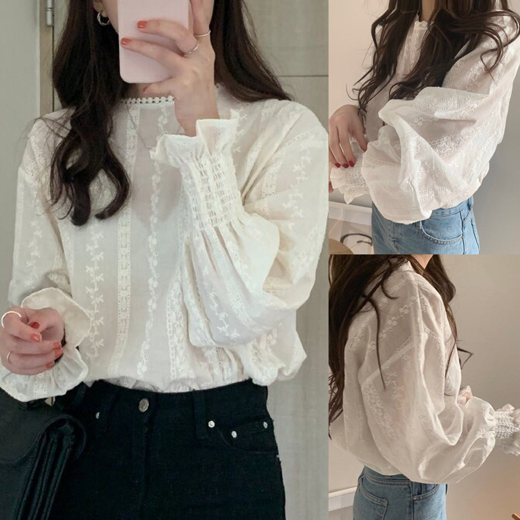 

Women Long Sleeve Lantern Sleeve Floral Lace O-Neck Casual Tops Shirts, White