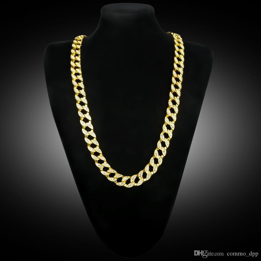 

New Miami Cuban Link Gold Plated Iced Out White Diamond Chains Long Necklaces For Mens Hip Hop Jewelry Hot Sell
